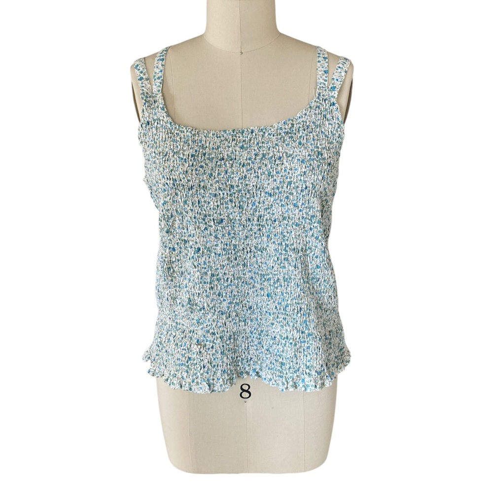 Blue and white elastic Smocked Strappy Tank Top, Sz 24
